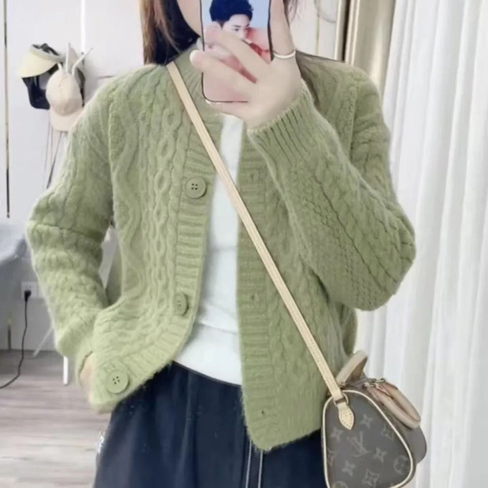 Áo Len Cardigan Ngắn Màu Trơn Cổ Tròn Dáng Rộng 