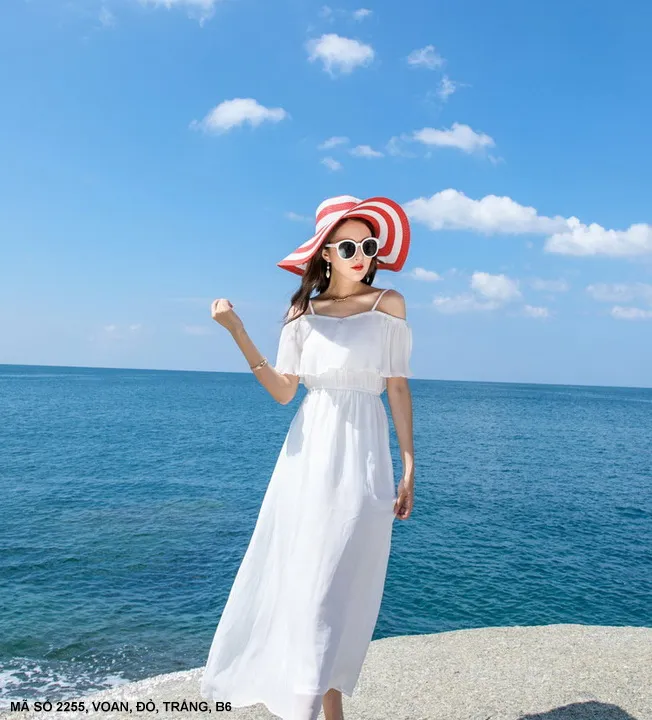 Đầm maxi đi biển 2 dây trắng đỏ dịu dàng